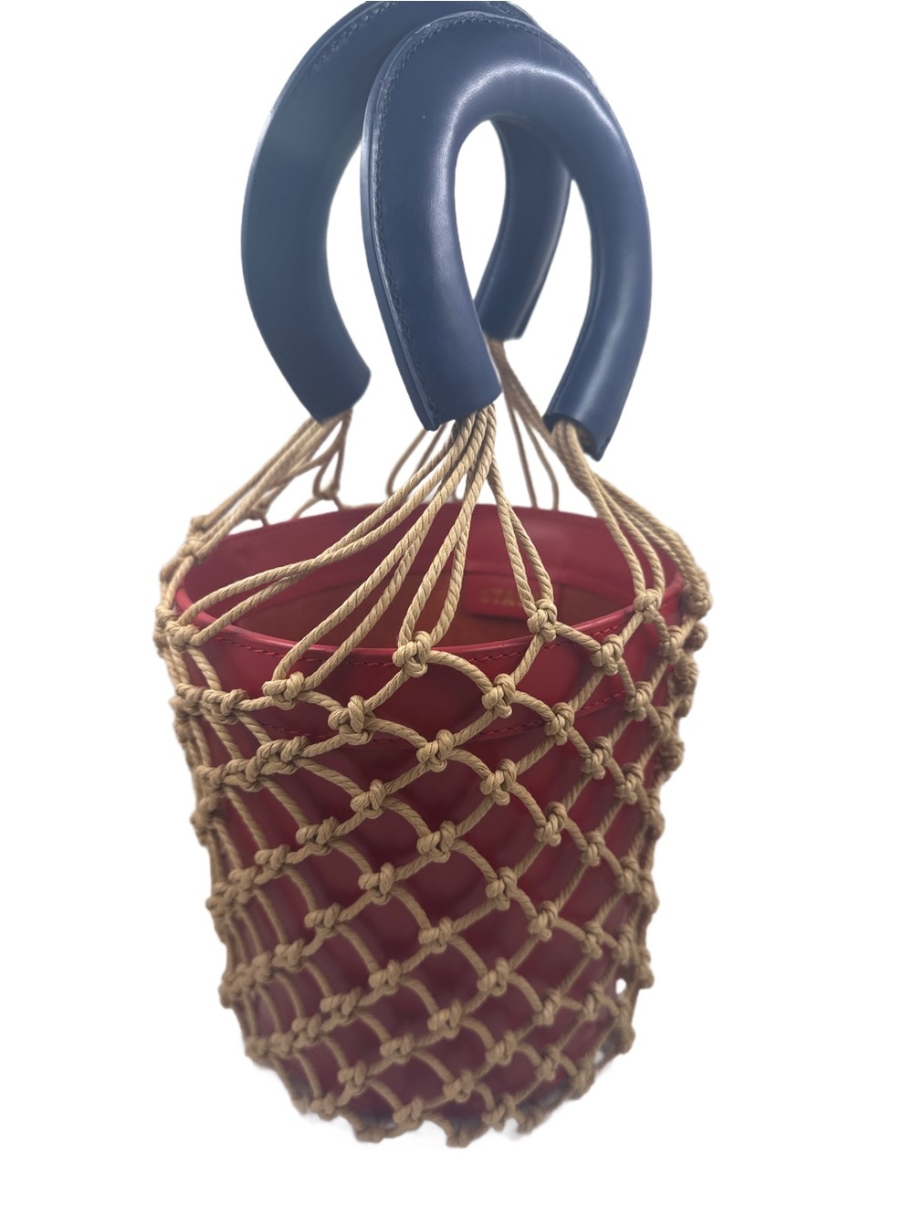 STAUD Moreau Cage Bucket Bag Red Blue Leather Macrame Net Top Handle